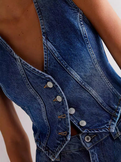Women Fashion Casual V-Neck Adjustable Single Breasted Denim Vest Top
