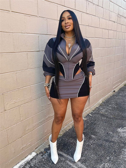 Autumn Winter Sexy Sports Style Loose Casual Contrast Color Long Sleeve Crop Jacket Short Skirt Set