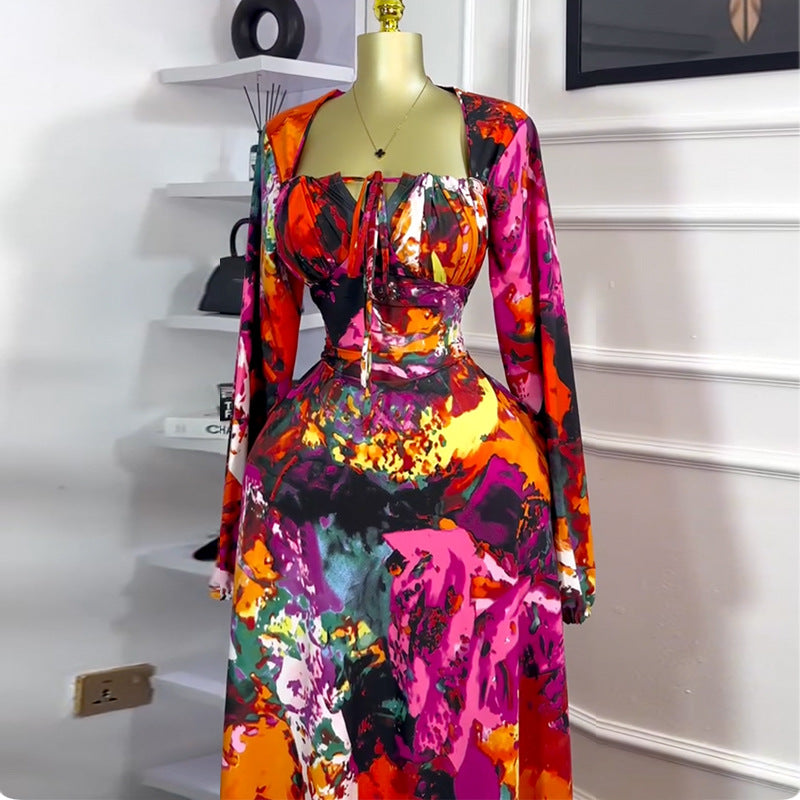 Women Fashion Casual Floral Printed Square Neck Long Sleeve High Waist Dress