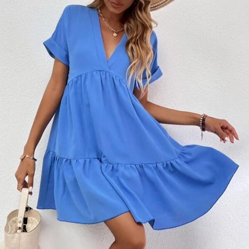 Vestido informal de verano para mujer, con escote en V y manga corta, estilo swing grande