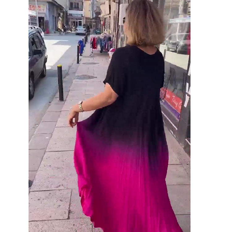 Summer Women Casual Loose Plus Size V-Neck Gradient Short-Sleeved Dress