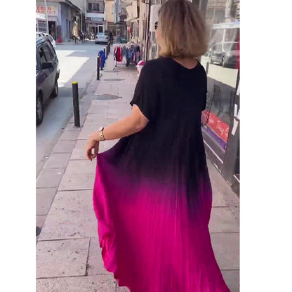 Summer Women Casual Loose Plus Size V-Neck Gradient Short-Sleeved Dress