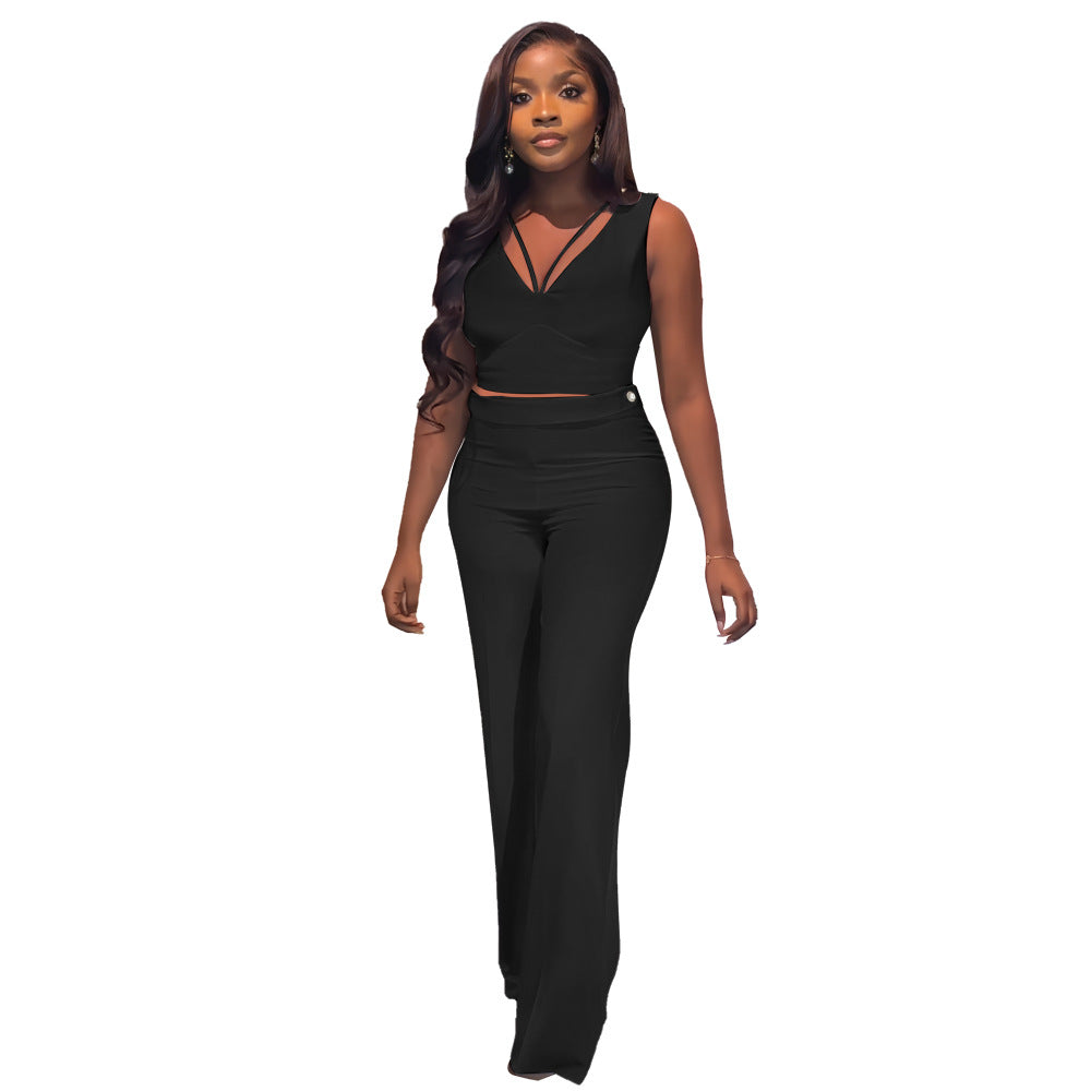 Conjunto de dos piezas de top corto sin mangas de color liso informal a la moda para mujer, pantalones ajustados de cintura alta