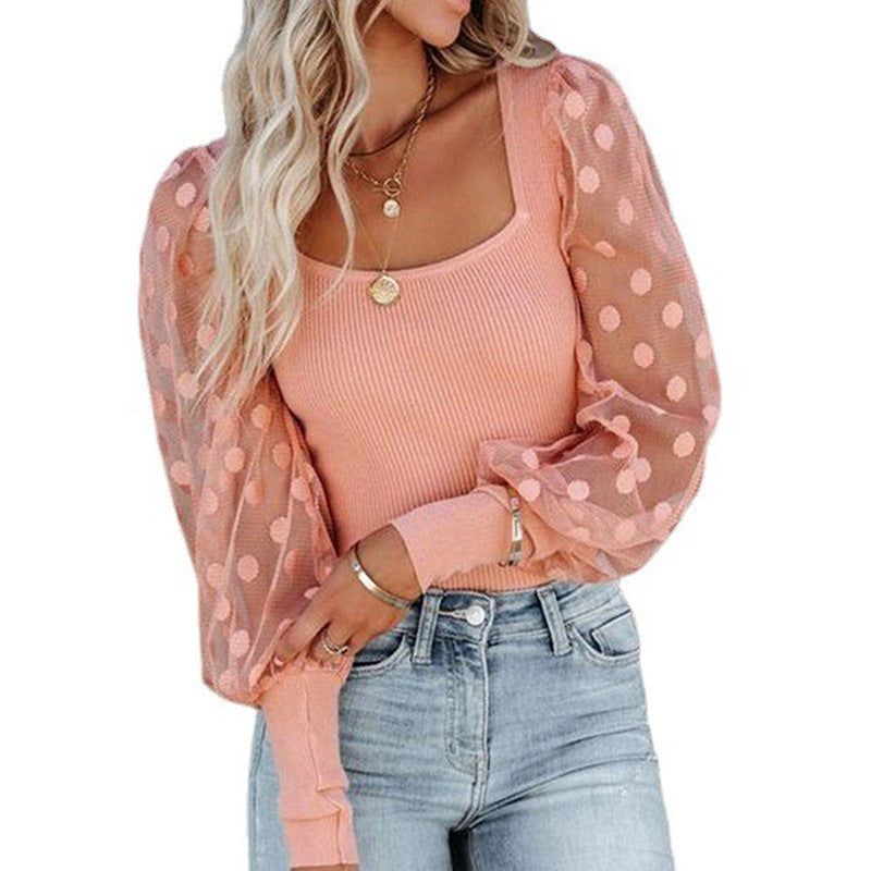 Women Fashion Casual Square Collar Mesh Polar Stitching Pit Long Sleeve Top