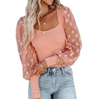 Women Fashion Casual Square Collar Mesh Polar Stitching Pit Long Sleeve Top