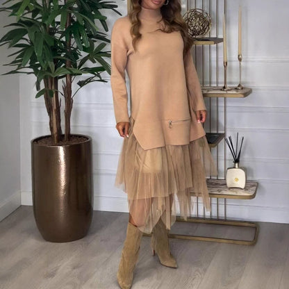 Women Fashion Casual Long Sleeve Mesh Stitching Dress