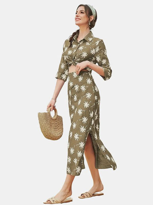 Conjunto de dos piezas formado por camisa y falda con abertura y estampado floral, informal, a la moda para mujer