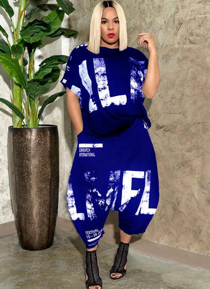 Conjunto informal de 2 piezas con estampado de letras para mujer, camiseta y pantalones bombachos