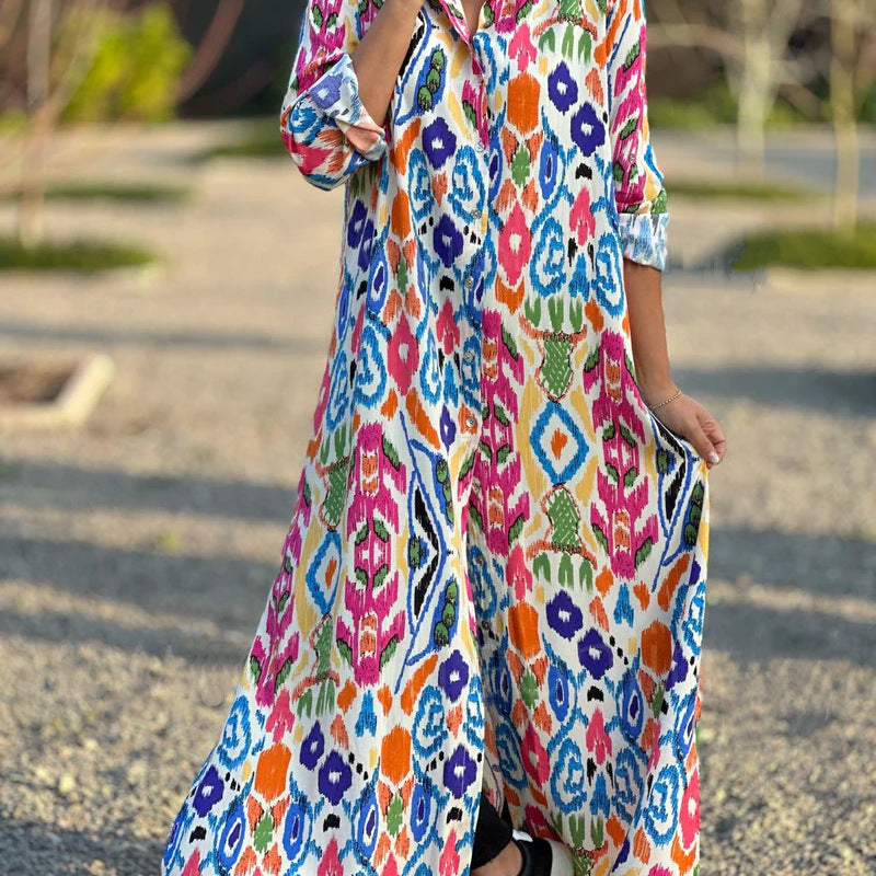 Women Loose Casual Graphic Printed Long Sleeve Shirt Plus Size Dress