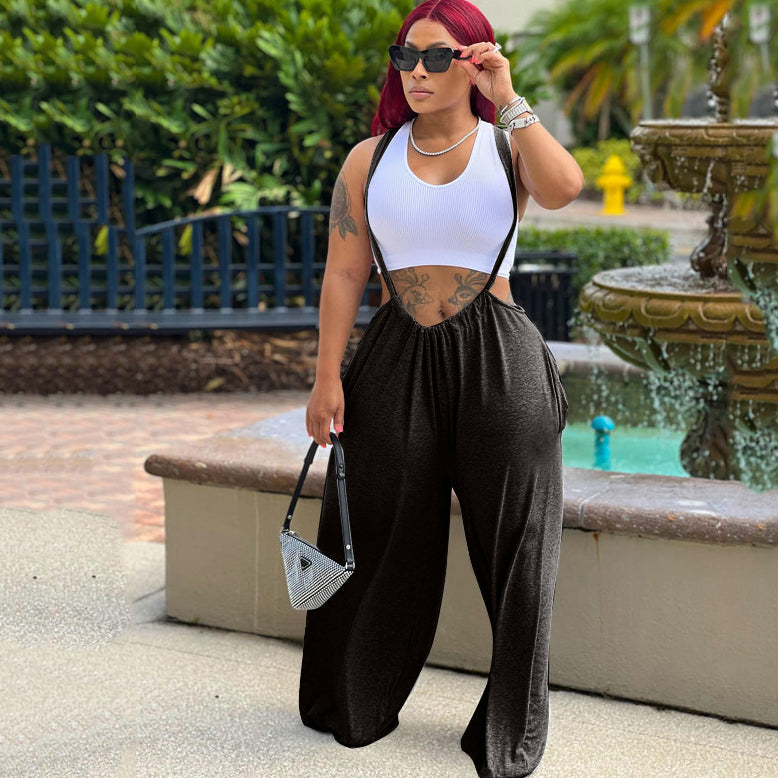 Women Fashion Casual Solid Color Overalls Pants