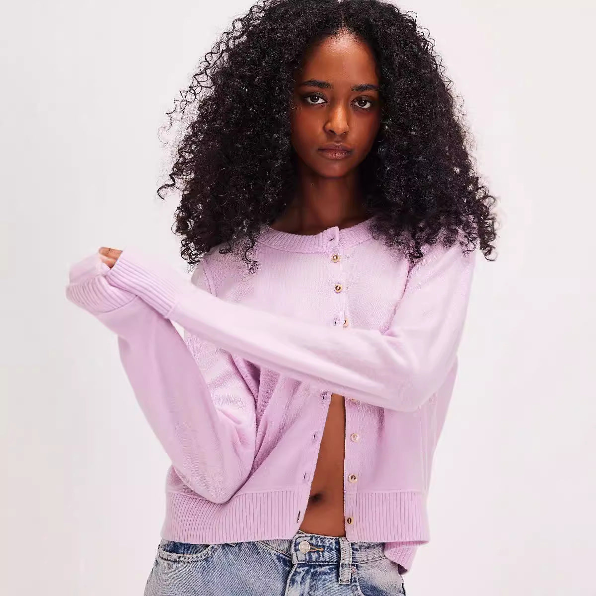 Women Fashion Casual Solid Color Long Sleeve Single Breasted Knitted Sweater