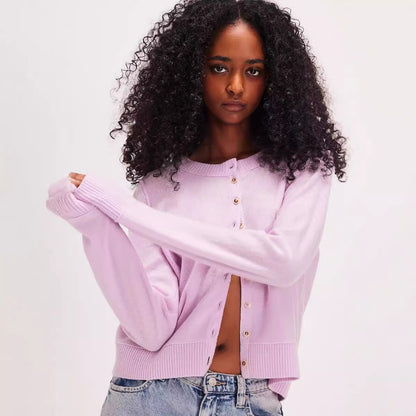 Women Fashion Casual Solid Color Long Sleeve Single Breasted Knitted Sweater