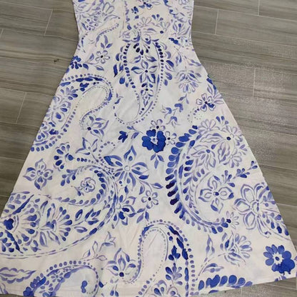 Vestido largo informal sin mangas con cuello halter y estampado floral chino vintage para mujer