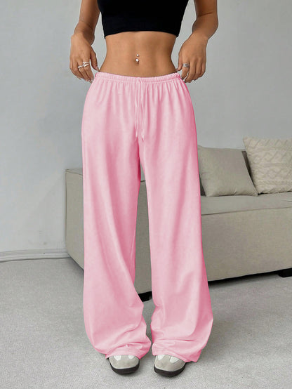 Women Casual Simple Solid Color Loose Lace-Up Wide Leg Pants