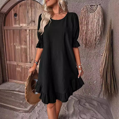 Summer Women Fashion Casual Solid Color Cotton Linen Round Neck Short Sleeve Dress