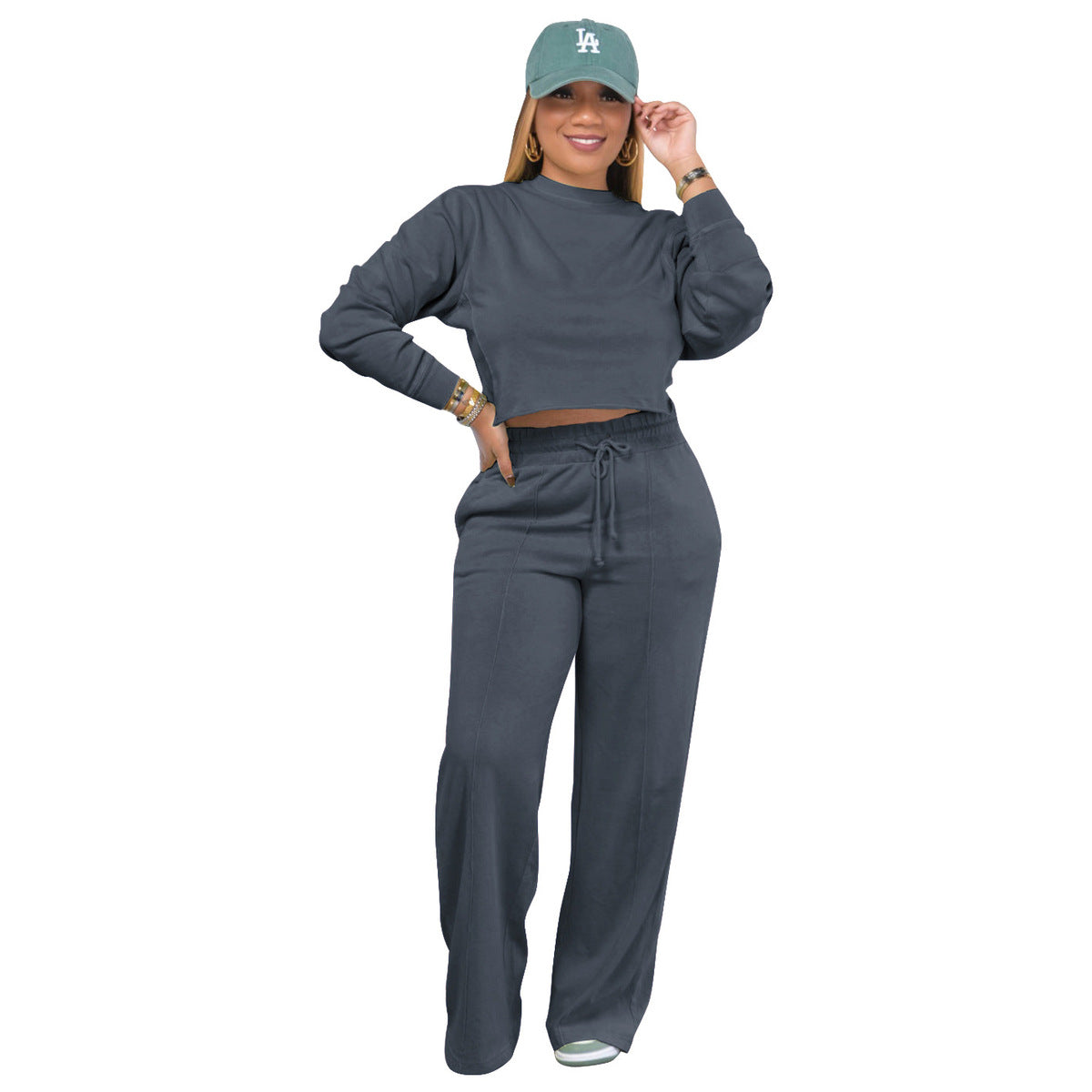 Athleisure Women Winter Thickened Crop Sweatshirt Casual Pants Two-Piece Sportswear Set