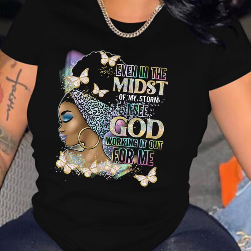 Women Casual Loose Plus Size Round Neck Short-Sleeved Pretty Girl Graphics Colorful Printed T-Shirt