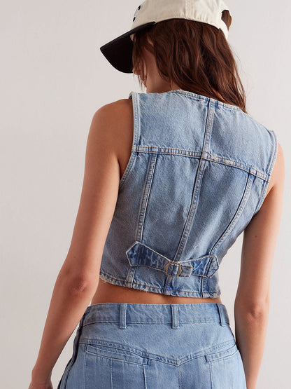 Women Fashion Casual V-Neck Single Breasted Denim Tank Top