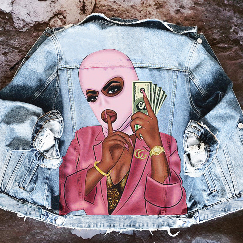 Chaqueta vaquera informal de manga larga con estampado gráfico y botonadura sencilla para mujer