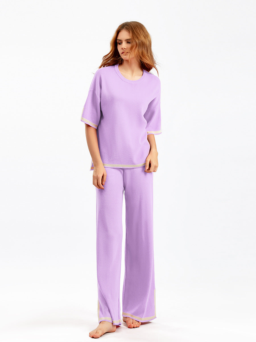 Conjunto de dos piezas de pantalones anchos de punto con contraste informal para mujer