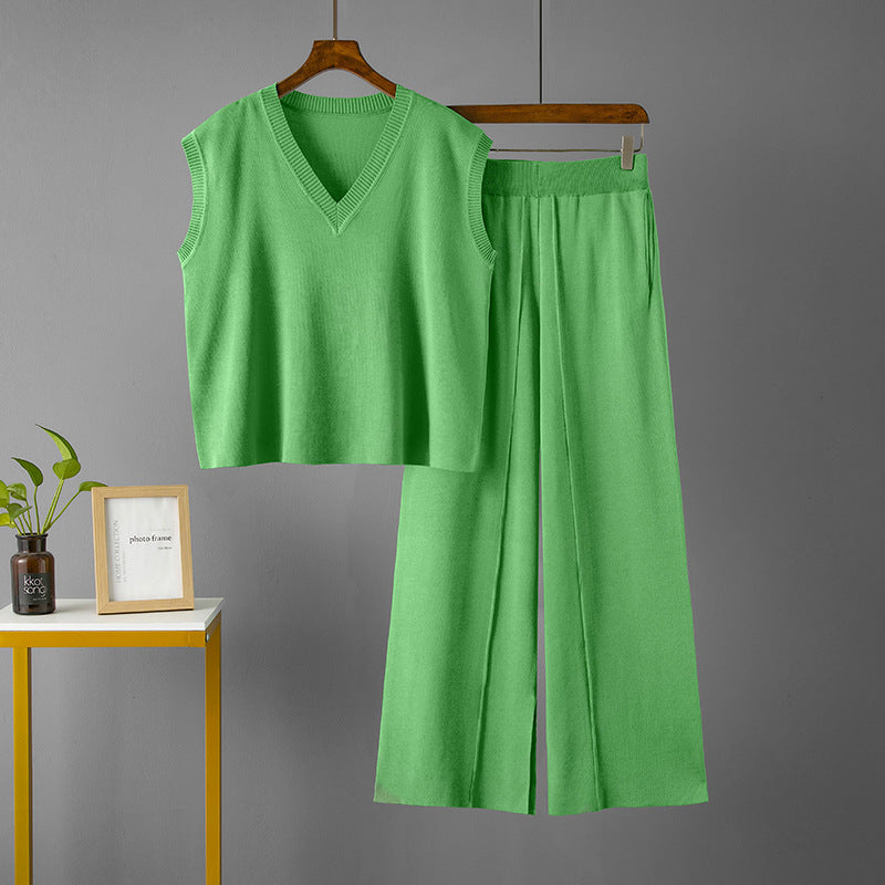 Conjunto de dos piezas para mujer, informal, de color sólido, con escote en V, suelto, sin mangas, de punto, cintura alta, pantalones de pierna ancha con abertura