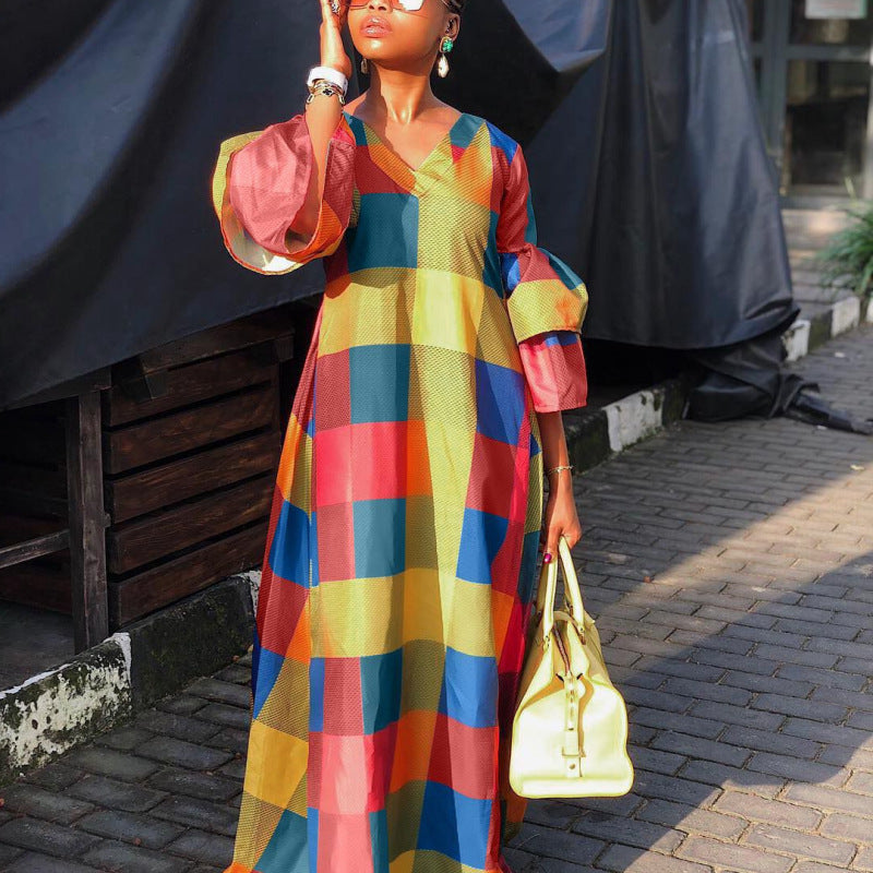 Fashion Women Casual Elegant Multicolor Plaid V Neck Long Lantern Sleeves Long Maxi Dress