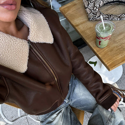 Autumn And Winter Women Fashion Casual Maillard Color Lapel Pu Leather Jacket