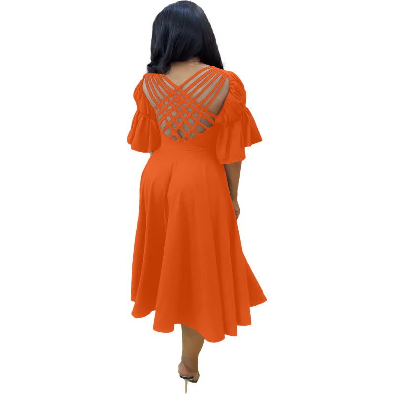 Women Casual Fashion V-Neck Ruffled Sleeves Hollow Backless Slit Swing Midi Dress