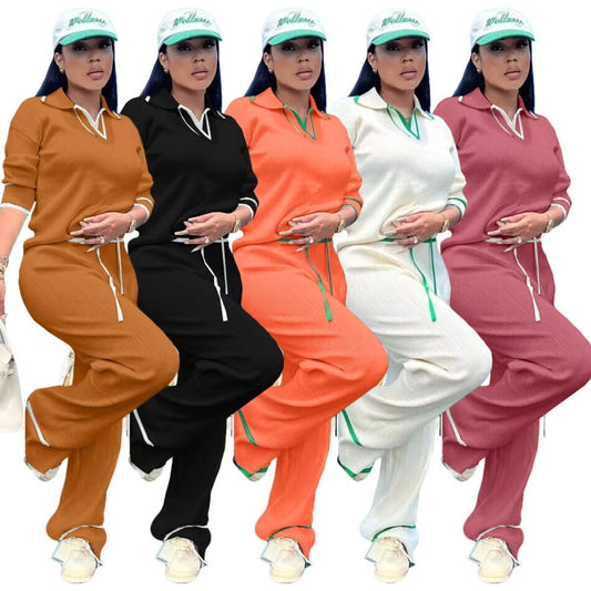 Conjunto de dos piezas de top de punto informal de manga larga y pierna ancha para mujer