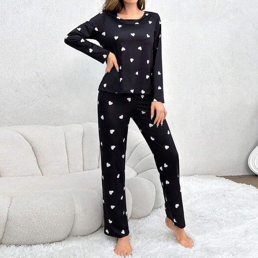 Conjunto de pijama largo informal de dos piezas con estampado de corazones para mujer