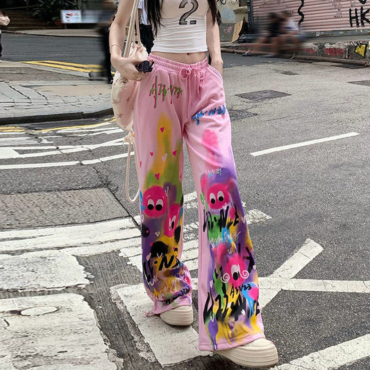 Pantalones casuales holgados de cintura alta con grafiti de verano, de pierna ancha y color rosa