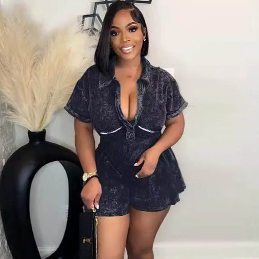 Women Washed Print A- Shaped Deep V Neck Defined Waist Short-Sleeved Casual Cargo Rompers