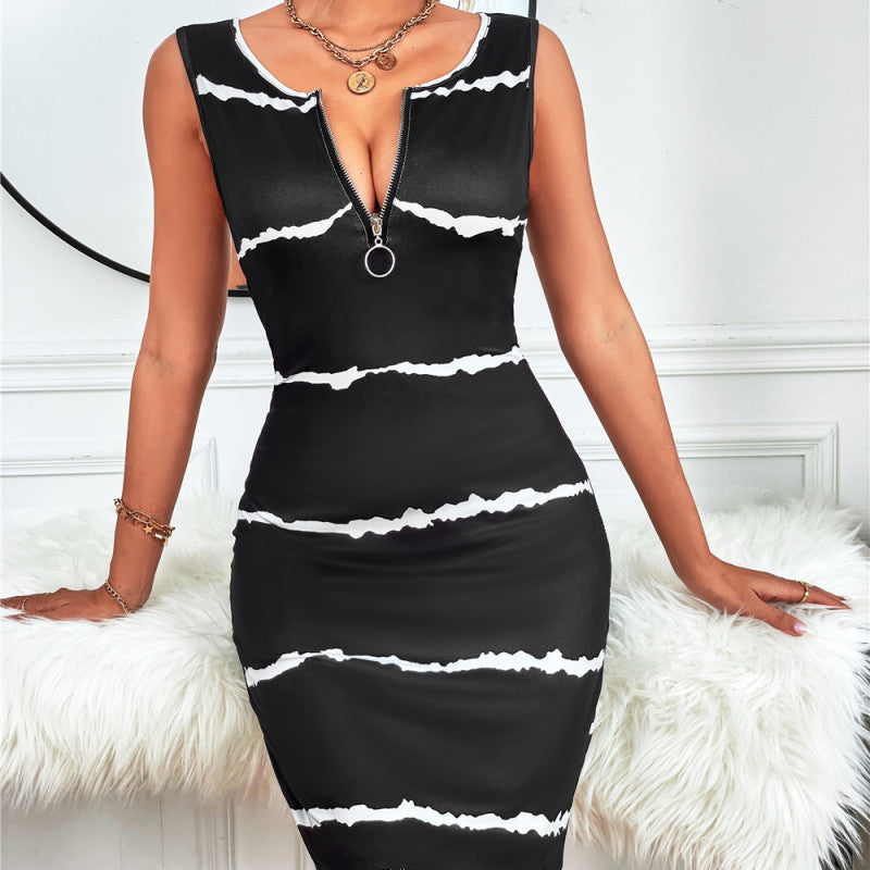Women Casual Summer Stripe Zipper Sleeveless Basic Dress