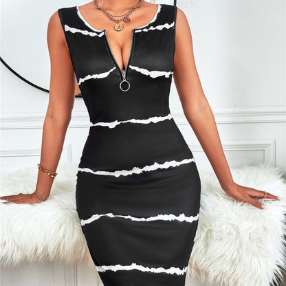 Women Casual Summer Stripe Zipper Sleeveless Basic Dress