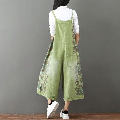 Women Fashion Casual Floral Printed Wide-Leg Denim Jumpsuit