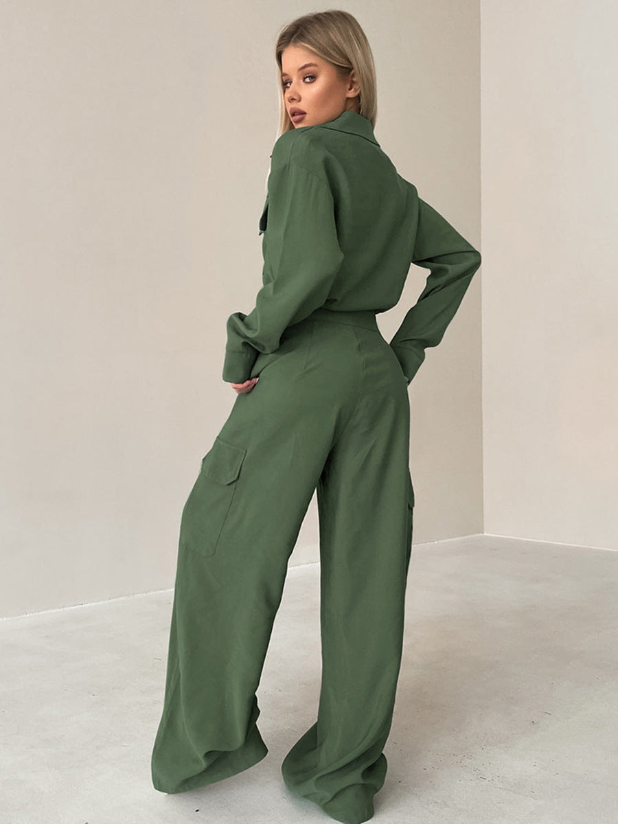Women Fashion Casual Solid Color Lapel Long Sleeve Cargo Jumpsuits
