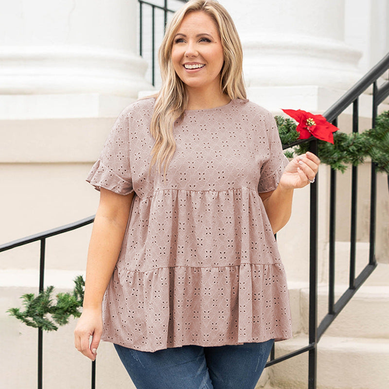 Plus Size Women Casual Solid Color Short-Sleeved T-Shirt Blouse