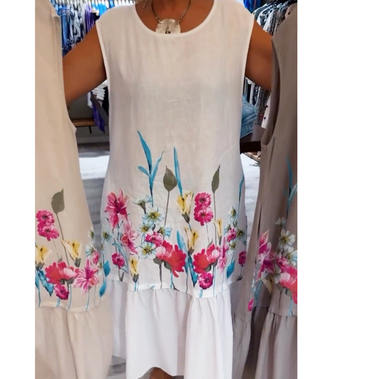 Summer Women Casual Plus Size Floral Printed Sleeveless Dress