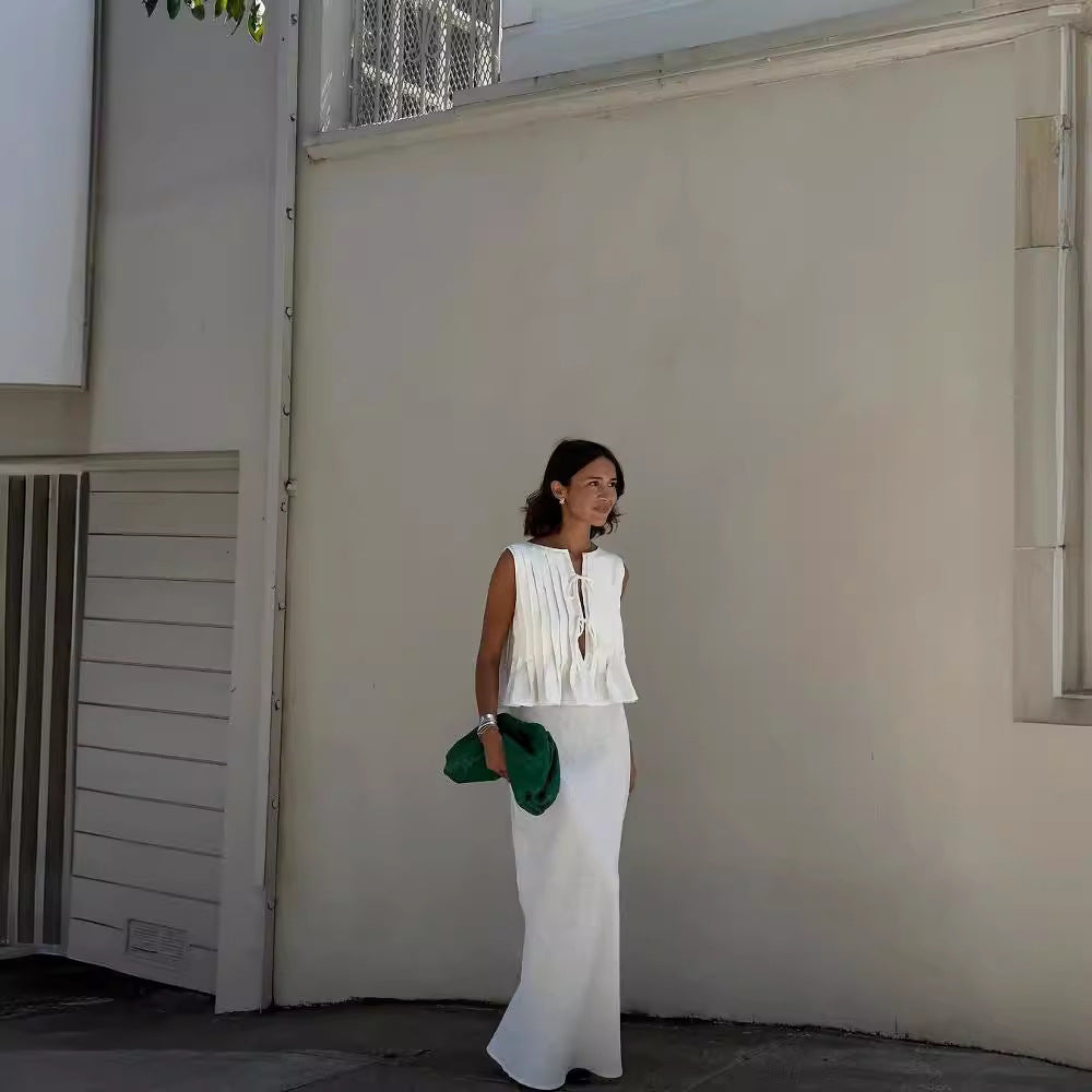 Conjunto de dos piezas formado por top y falda con tirantes, sin mangas, de lino y algodón, informal, de verano para mujer