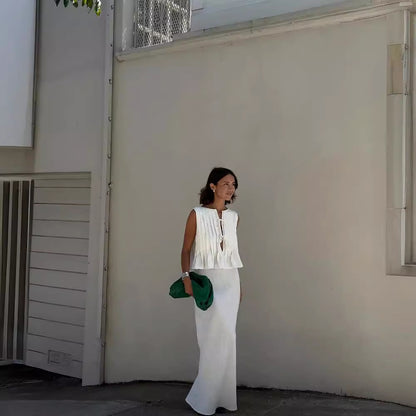 Conjunto de dos piezas formado por top y falda con tirantes, sin mangas, de lino y algodón, informal, de verano para mujer