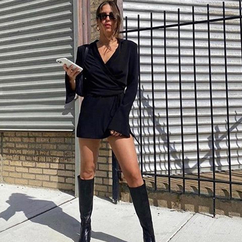 Women Solid Color Lapel V-Neck Long Sleeve Chiffon Waist Loose Casual Dress