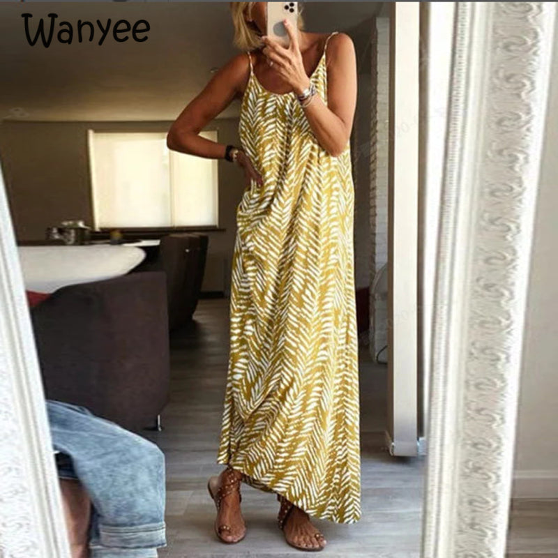 Women Casual Fashion Summer Casual Backless Beach Striped Bohemian Maxi Dress
