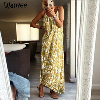 Women Casual Fashion Summer Casual Backless Beach Striped Bohemian Maxi Dress