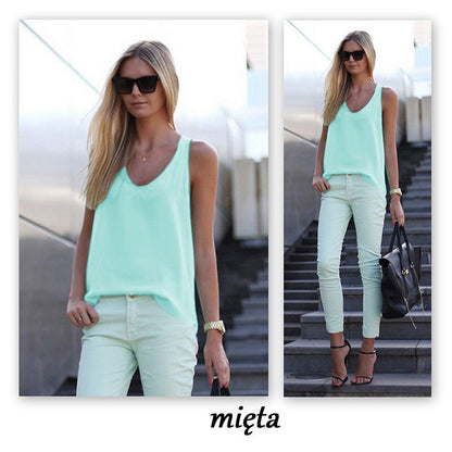 Women Casual Chiffon Solid Color Sleeveless U-Neck Tanks