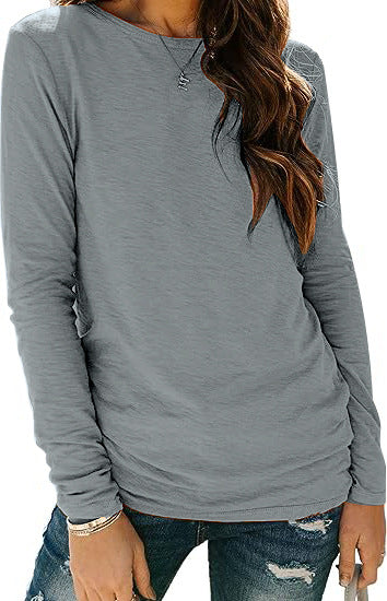 Camiseta de manga larga con cuello redondo, color liso, informal y sencilla para mujer