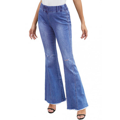 Vaqueros rasgados, holgados, acampanados y de color liso, informales, a la moda para mujer