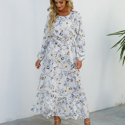 Vestido largo informal de manga larga con cuello redondo y estampado floral para mujer