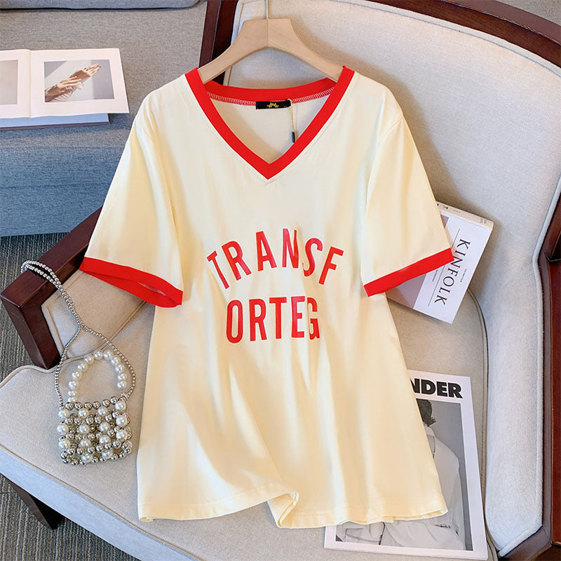 Camiseta informal de manga corta con cuello en V y estampado del alfabeto para mujer, talla grande