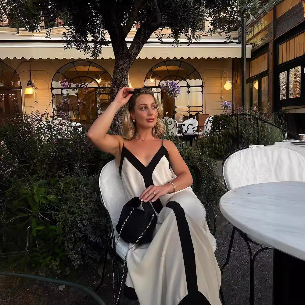 Women Summer Holiday Style Elegant Contrast V-Neck Spaghetti Sling Casual Maxi Dress