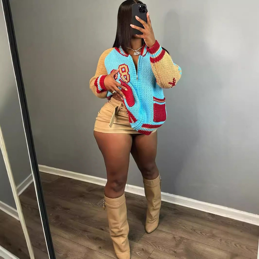 Women Fashion Long Sleeve Pocket Letter Zipper Casual Sweater